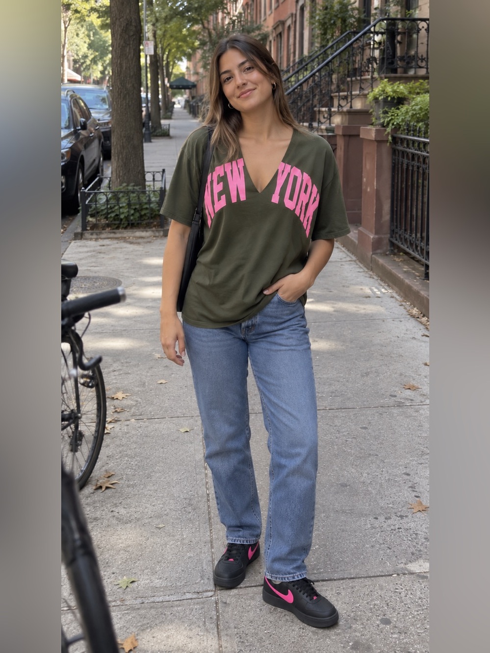 Fashion Nova Olive V-Neck Tee with Pink NEW YORK Print